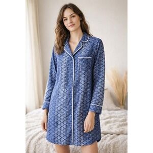 Van Winkle & Co Blue Print Brushed Flannel Button Front Sleep Shirt SZ Medium